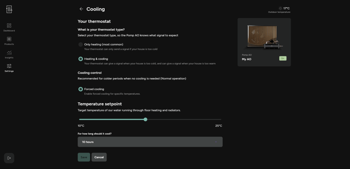 App - Settings cooling